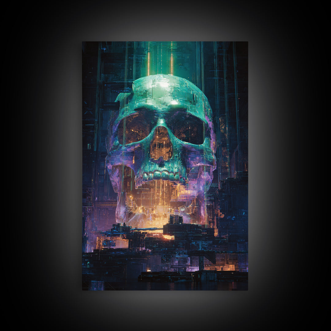 Cyberpunk Skull with Chrome and Violet Light Framed Canvas Print, Cyberpunk Art, Urban Wall Art, Living Room Decor, Neon, CYB-2x3-76