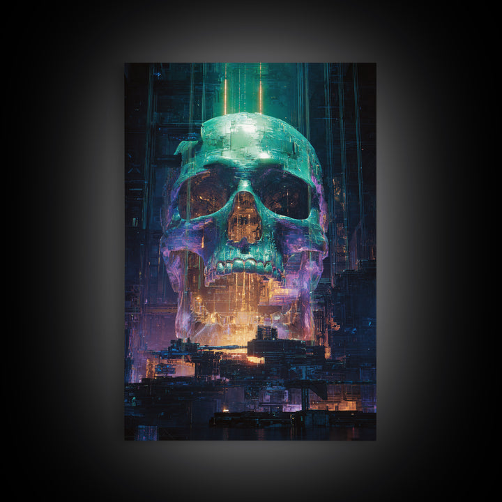 Cyberpunk Skull with Chrome and Violet Light Framed Canvas Print, Cyberpunk Art, Urban Wall Art, Living Room Decor, Neon, CYB-2x3-76
