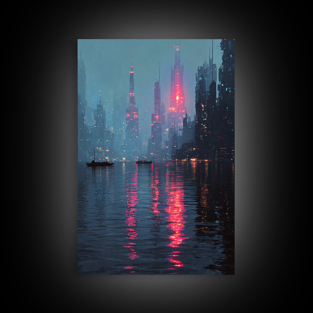 Neon Skyline Reflected Framed Canvas Print, Cyberpunk Art, Gothic Decor, Living Room Decor, Abstract Art, Neon, CYB-2x3-78