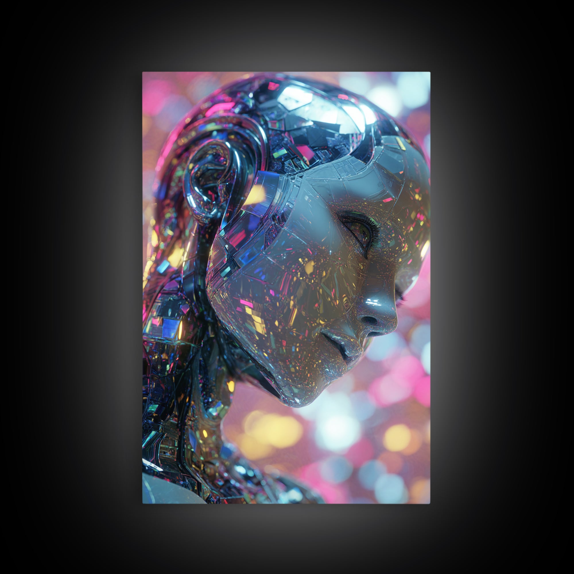 Ai Mask Portrait Framed Canvas Print, Cyberpunk Art, Fantasy Art, Living Room Decor, Oil Painting, Neon, Minimalist Decor, CYB-2x3-8