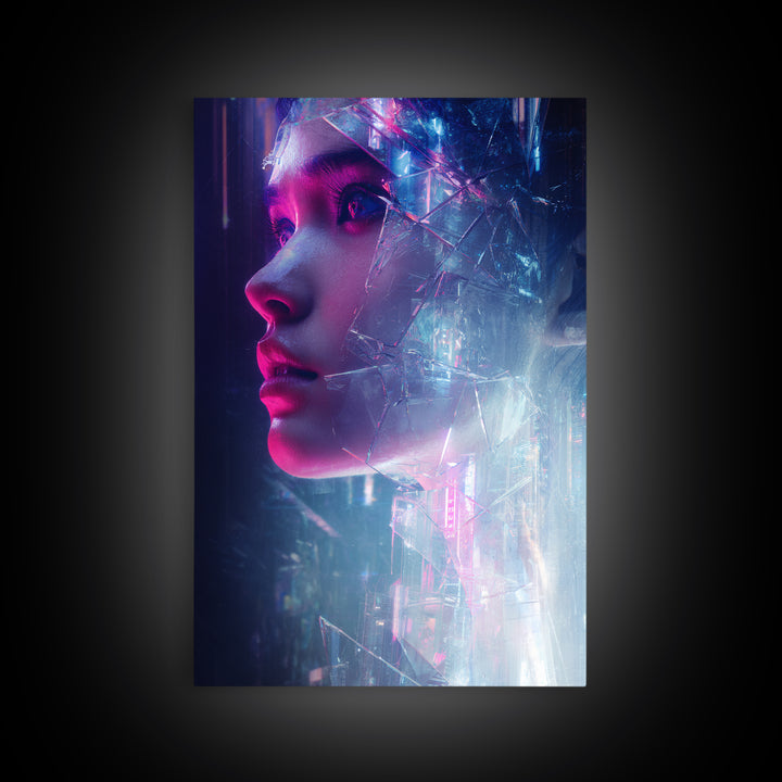 Ai Mask Portrait Framed Canvas Print, Cyberpunk Art, Digital Wall Art, Living Room Decor, Fine Art, Neon, Man Cave Decor, CYB-2x3-80