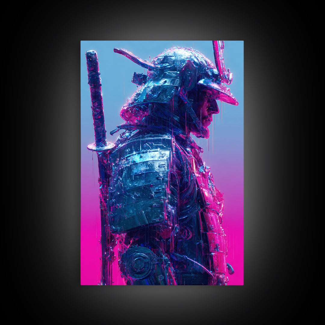 Neon Samurai Portrait Canvas Print, Cyberpunk Art, Man Cave Decor, Living Room Decor, Fine Art, Neon, Fine Art Print, CYB-2x3-81