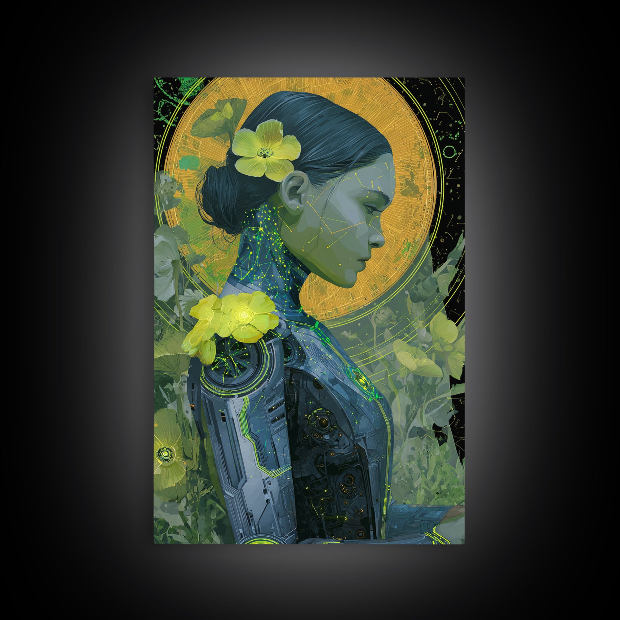 Android Woman with Glowing Circuitry and Flowers Framed Canvas Print, Cyberpunk Art, Cyberpunk Helmet, Living Room Decor, Neon, CYB-2x3-83