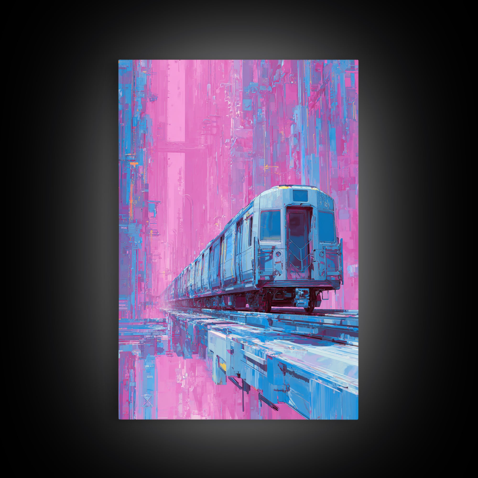 City Train Rushing Through Pink Electric Haze Framed Canvas Print, Cyberpunk Art, Cool Wall Art, Living Room Decor, Neon, CYB-2x3-93