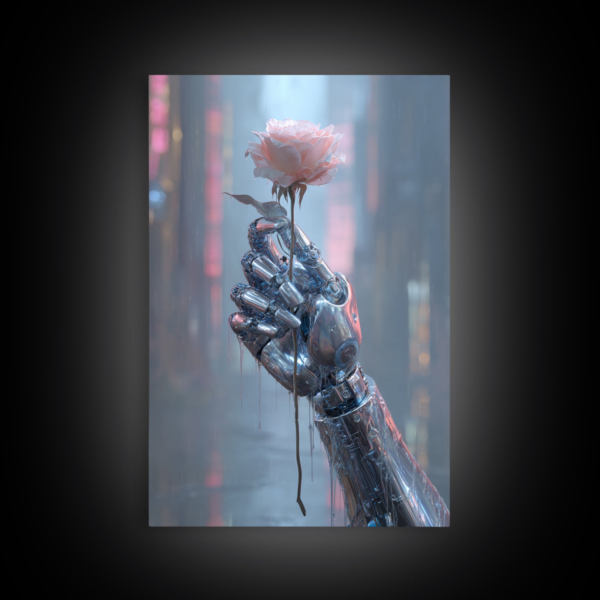 Robotic Hand Holding a Real Rose Canvas Print, Cyberpunk Art, Cool Wall Art, Living Room Decor, Fine Art, Neon, Gallery Decor, CYB-2x3-96