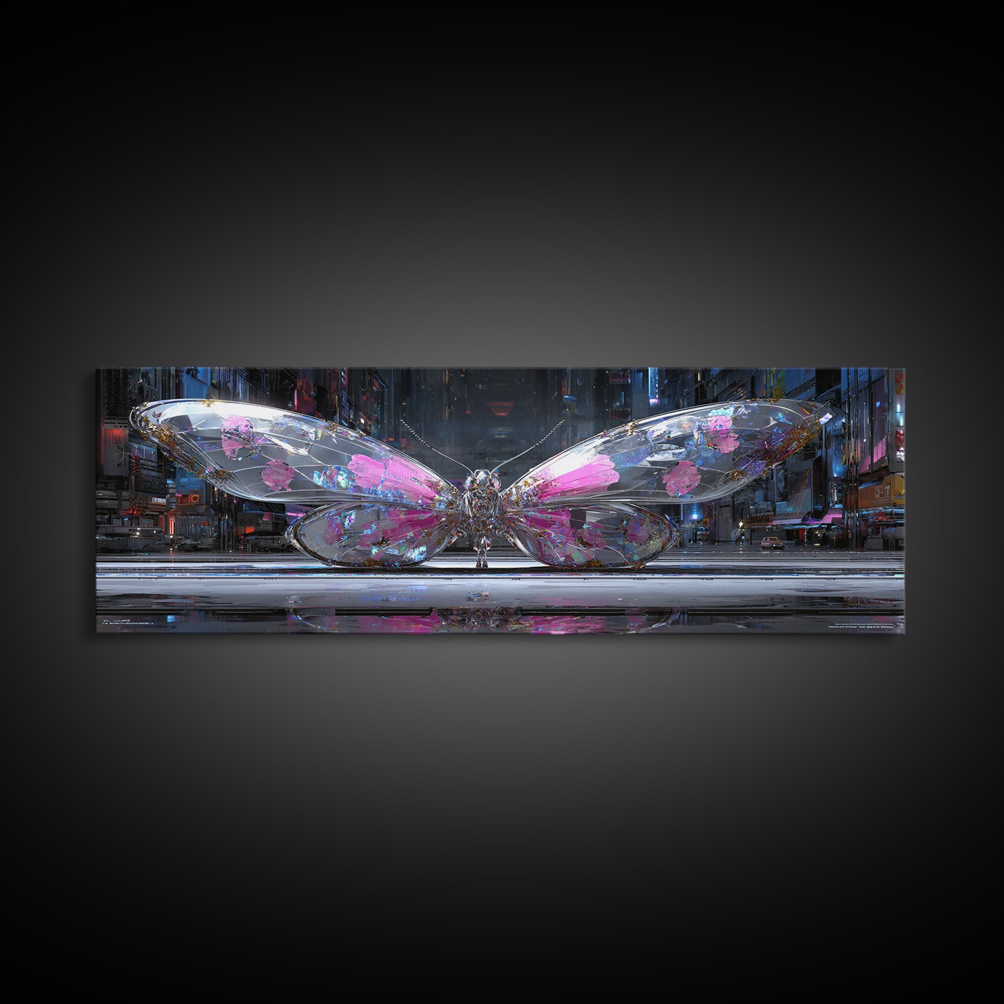 Holographic Butterfly over Black Metal Surface Canvas Print, Cyberpunk Art, Modern Wall Decor, Living Room Decor, Neon, CYB-3x1-11