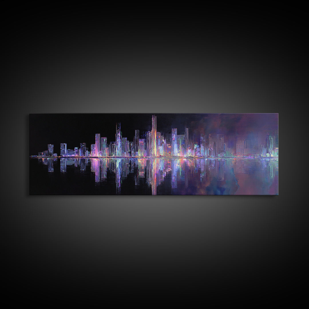Neon Skyline Reflected Canvas Print, Cyberpunk Art, Modern Decor, Living Room Decor, Abstract Art, Neon, Poster, Wall Decor, CYB-3x1-14