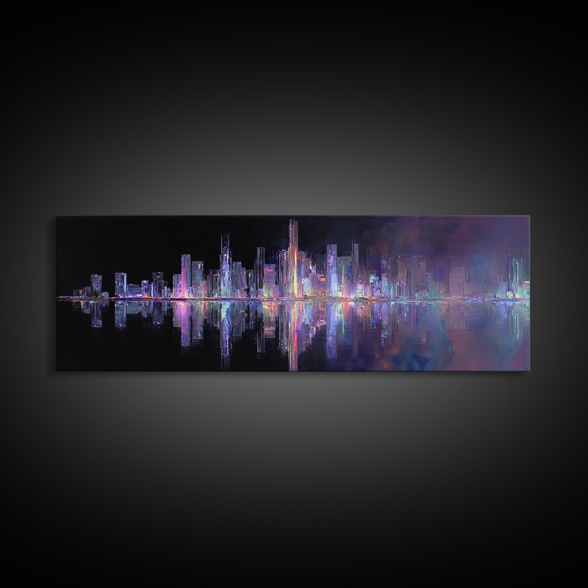 Neon Skyline Reflected Canvas Print, Cyberpunk Art, Modern Decor, Living Room Decor, Abstract Art, Neon, Poster, Wall Decor, CYB-3x1-14