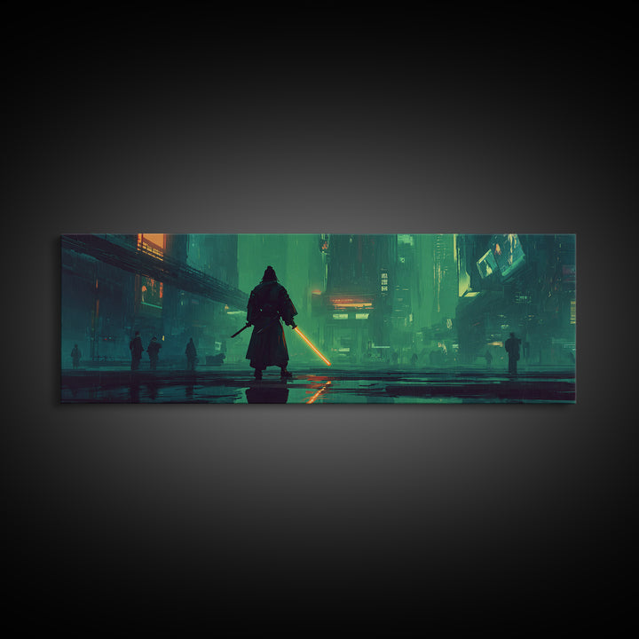 Neon Samurai Portrait Framed Canvas Print, Cyberpunk Art, Space Art, Living Room Decor, Oil Painting, Neon, Cyberpunk Wall Art, CYB-3x1-17
