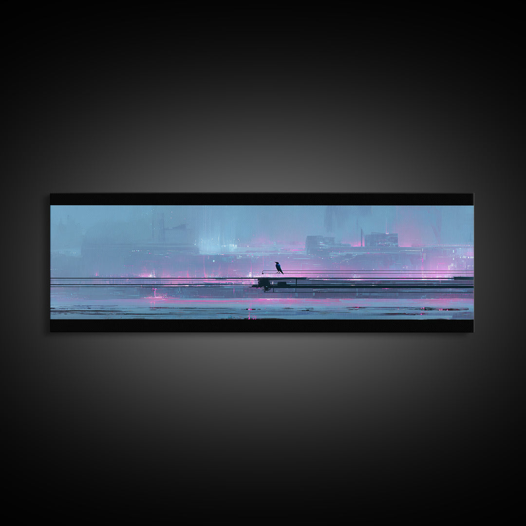 Cybernetic Raven Perched on a Cable Framed Canvas Print, Cyberpunk Art, Textured Painting, Living Room Decor, Fine Art, Neon, CYB-3x1-27