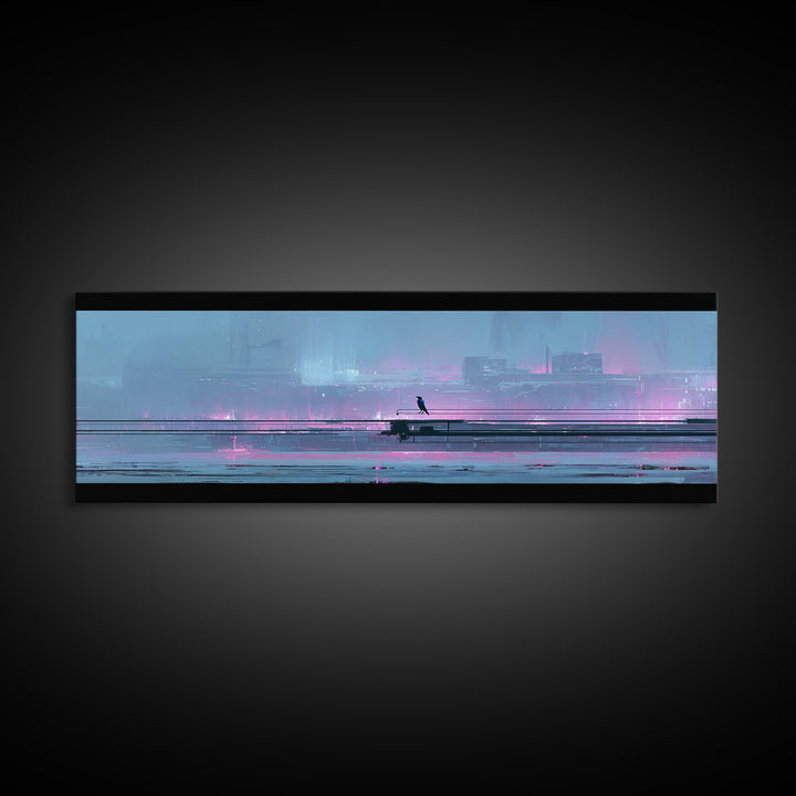 Cybernetic Raven Perched on a Cable Framed Canvas Print, Cyberpunk Art, Textured Painting, Living Room Decor, Fine Art, Neon, CYB-3x1-27