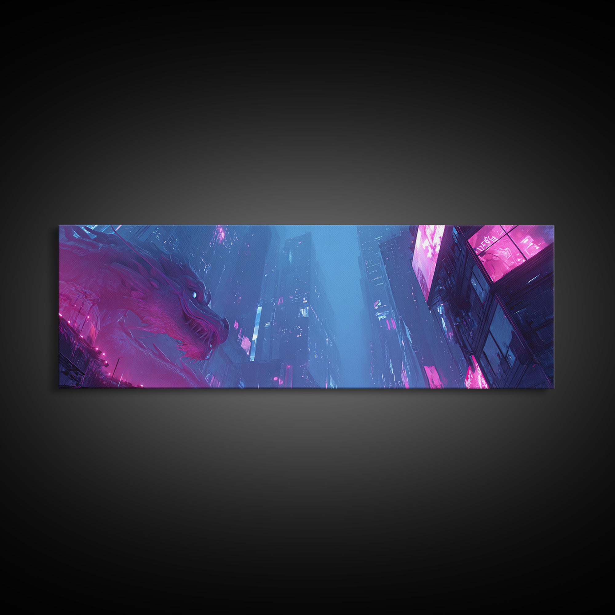 Neon Dragon Wrapped Around Skyscraper Shapes Canvas Print, Cyberpunk Art, Art Print, Living Room Decor, Abstract Art, Neon, CYB-3x1-30