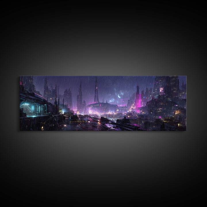Dystopian Moon over Dense Rooftops Canvas Print, Cyberpunk Art, Canvas Wall Art, Living Room Decor, Abstract Art, Neon, CYB-3x1-34