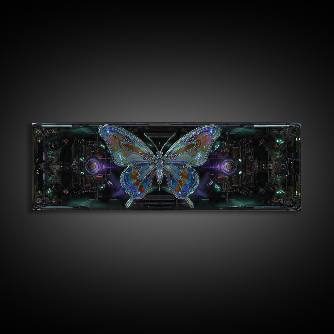 Holographic Butterfly over Black Metal Surface Canvas Print, Cyberpunk Art, Minimalist Decor, Living Room Decor, Fine Art, Neon, CYB-3x1-35