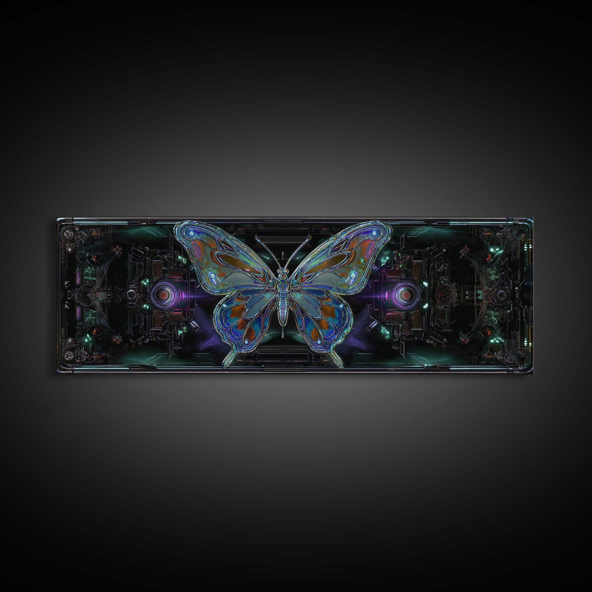 Holographic Butterfly over Black Metal Surface Canvas Print, Cyberpunk Art, Minimalist Decor, Living Room Decor, Fine Art, Neon, CYB-3x1-35