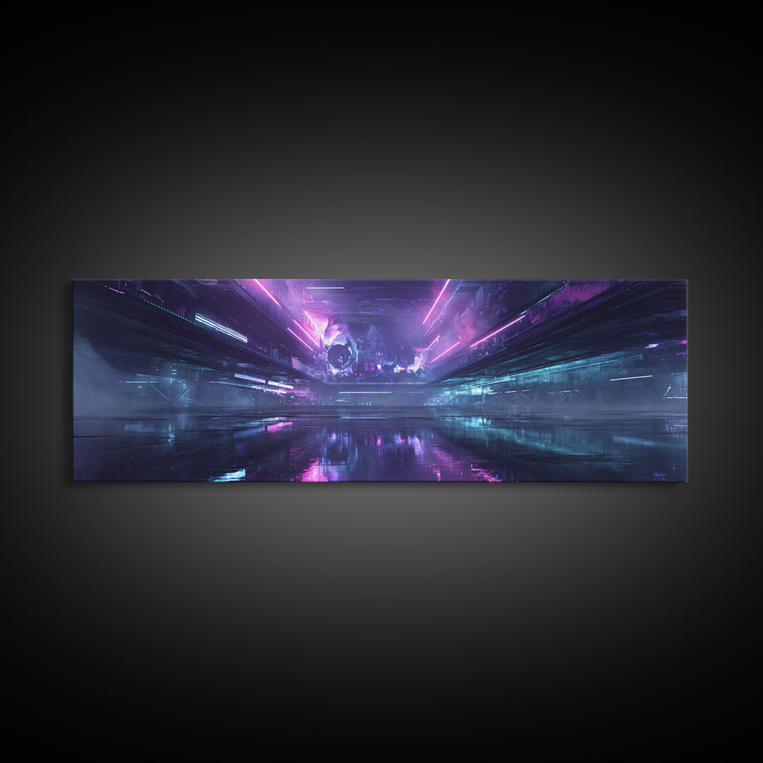 Cyberpunk Skull with Chrome and Violet Light Canvas Print, Cyberpunk Art, Gallery Decor, Living Room Decor, Fine Art, Neon, CYB-3x1-36