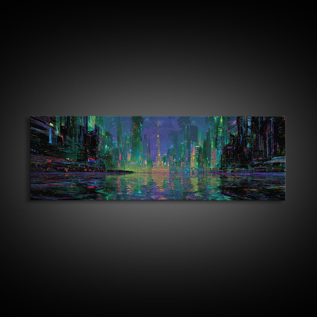 Neon Skyline Reflected Canvas Print, Cyberpunk Art, Abstract Art, Living Room Decor, Neon, Urban Wall Art, Cyberpunk Helmet, CYB-3x1-38