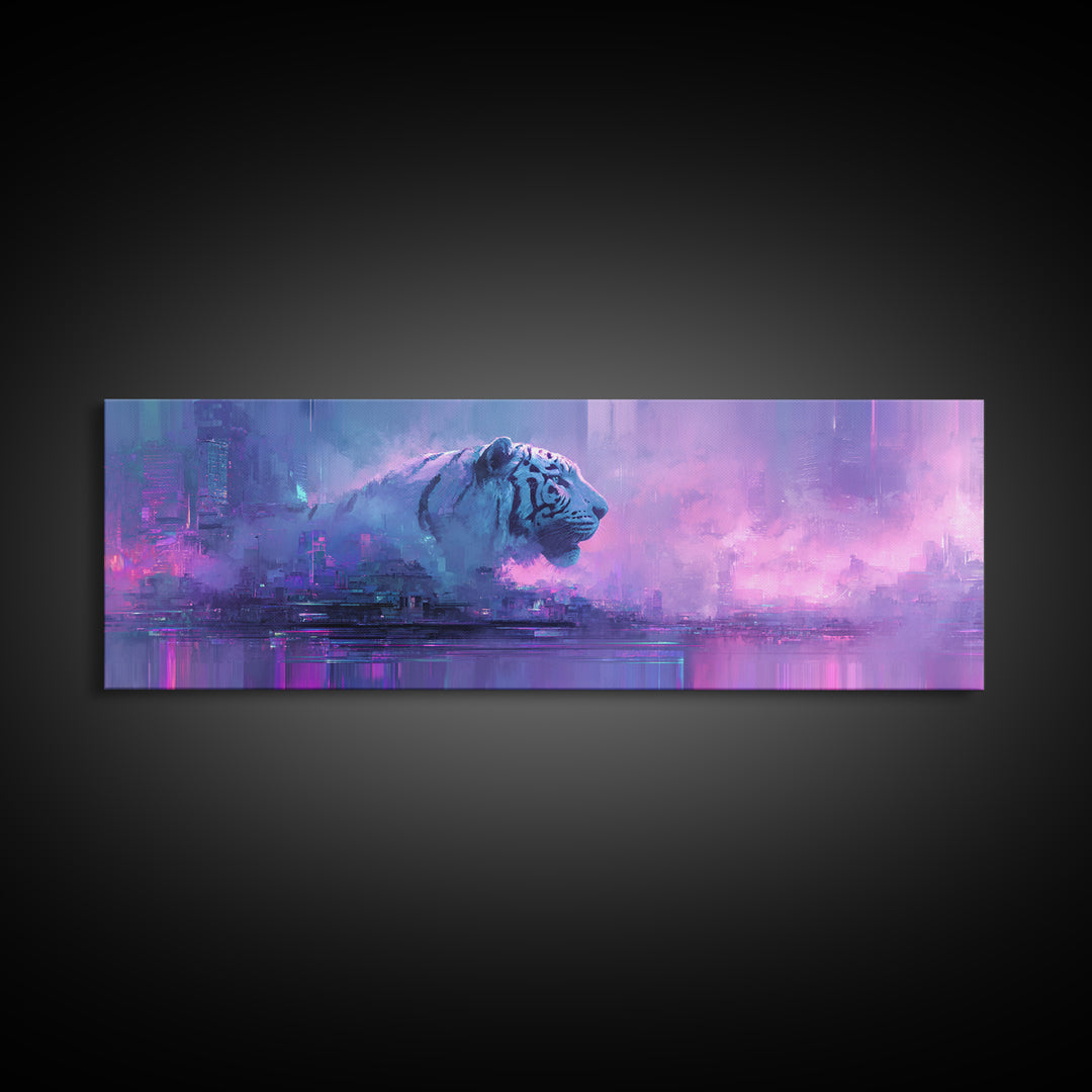 Neon Tiger Emerging from Digital Fog Canvas Print, Cyberpunk Art, Cyberpunk Helmet, Living Room Decor, Abstract Art, Neon, CYB-3x1-49