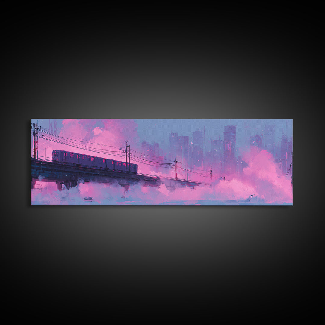 City Train Rushing Through Pink Electric Haze Framed Canvas Print, Cyberpunk Art, Japanese Art, Living Room Decor, CYB-3x1-5