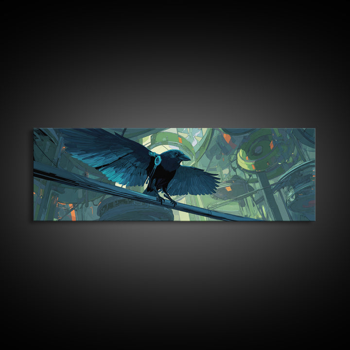 Cybernetic Raven Perched on a Cable Framed Canvas Print, Cyberpunk Art, Cyberpunk 2077, Living Room Decor, Fine Art, Neon, CYB-3x1-51