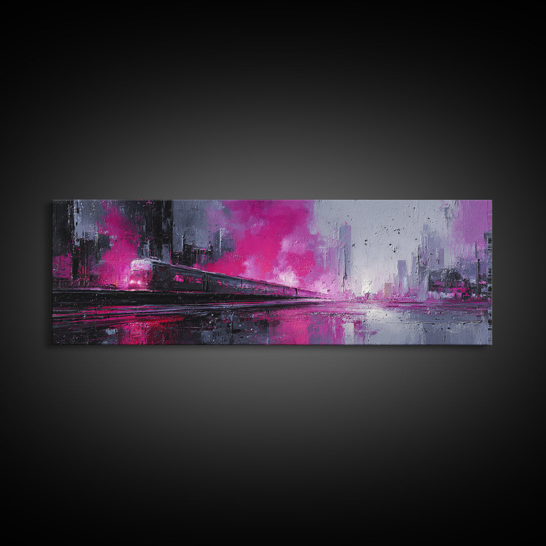 City Train Rushing Through Pink Electric Haze Framed Canvas Print, Cyberpunk Art, Minimalist Poster, Living Room Decor, Neon, CYB-3x1-53