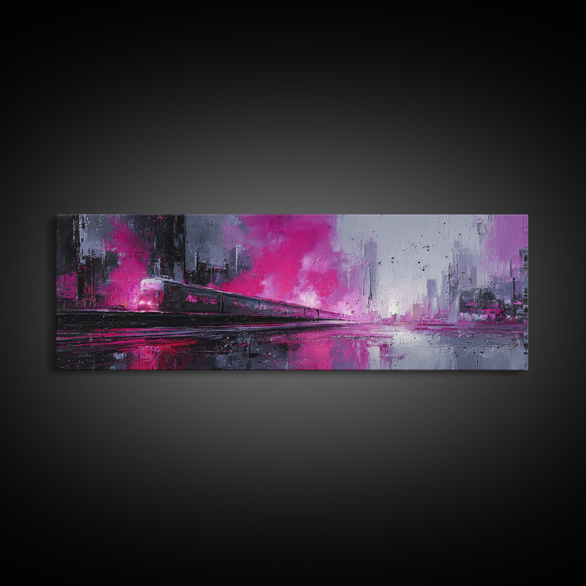 City Train Rushing Through Pink Electric Haze Framed Canvas Print, Cyberpunk Art, Minimalist Poster, Living Room Decor, Neon, CYB-3x1-53
