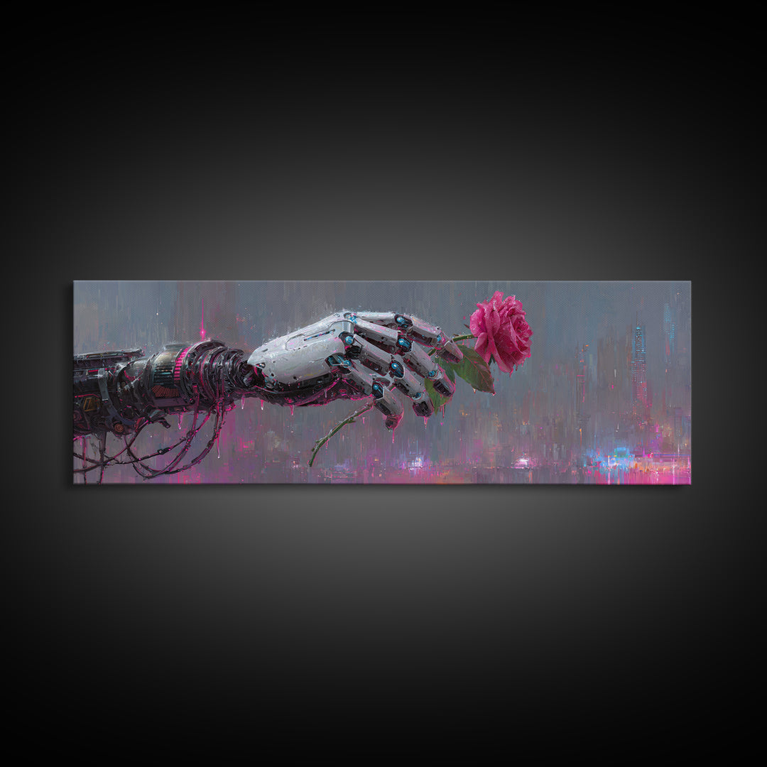 Robotic Hand Holding a Real Rose Framed Canvas Print, Cyberpunk Art, Minimalist Decor, Living Room Decor, Fine Art, Neon, CYB-3x1-56