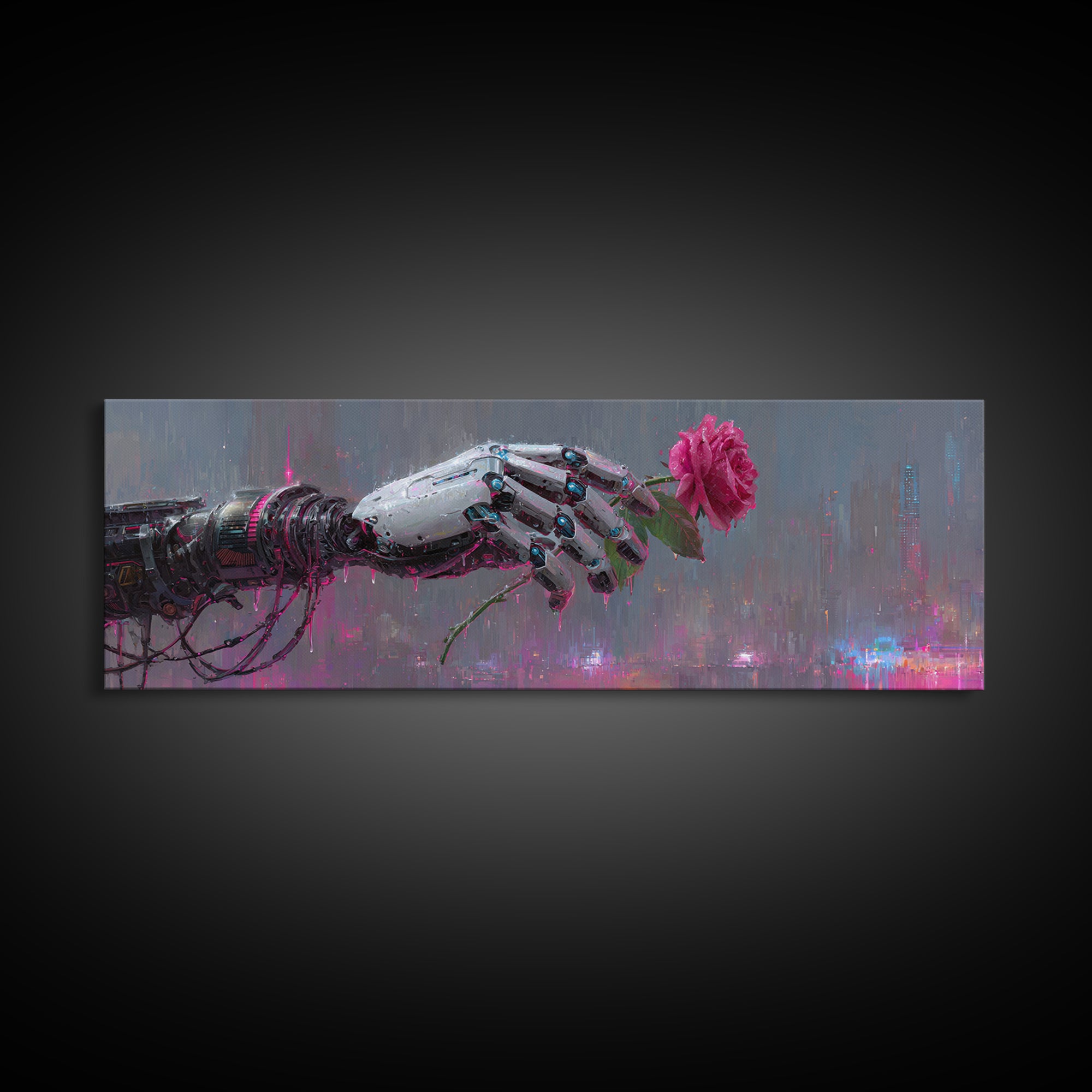 Robotic Hand Holding a Real Rose Framed Canvas Print, Cyberpunk Art, Minimalist Decor, Living Room Decor, Fine Art, Neon, CYB-3x1-56