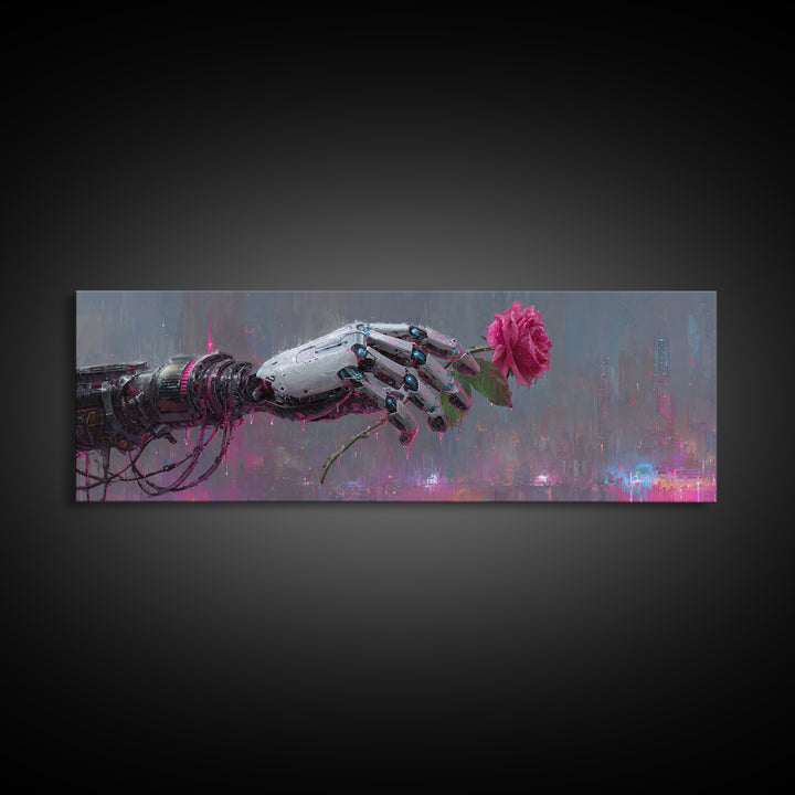 Robotic Hand Holding a Real Rose Framed Canvas Print, Cyberpunk Art, Minimalist Decor, Living Room Decor, Fine Art, Neon, CYB-3x1-56
