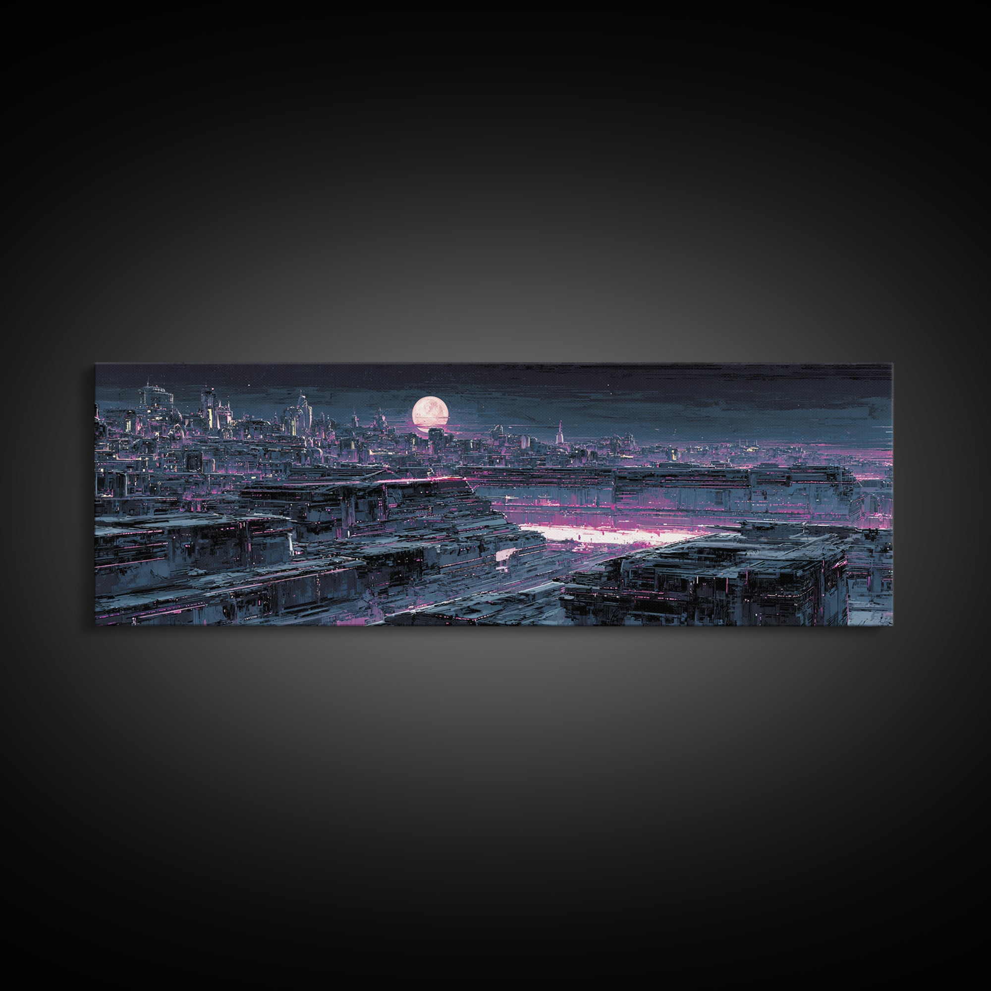 Dystopian Moon over Dense Rooftops Framed Canvas Print, Cyberpunk Art, Blue Wall Art, Living Room Decor, Fine Art, Neon, CYB-3x1-58