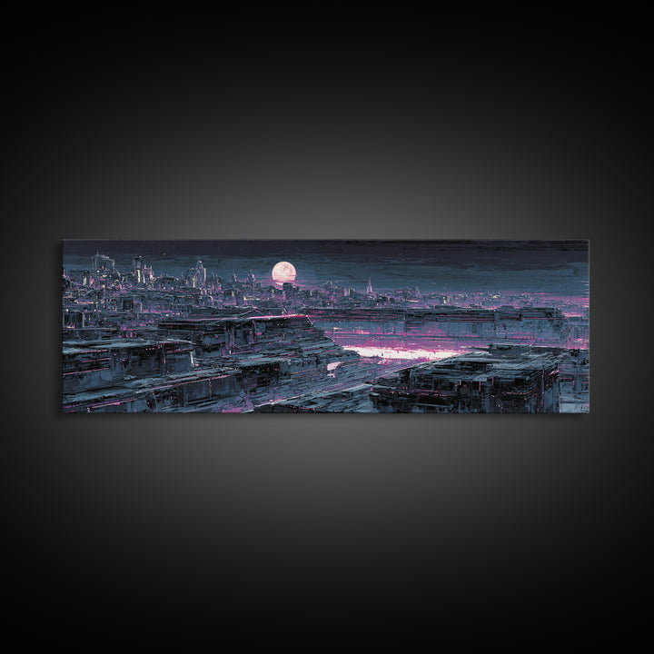 Dystopian Moon over Dense Rooftops Framed Canvas Print, Cyberpunk Art, Blue Wall Art, Living Room Decor, Fine Art, Neon, CYB-3x1-58