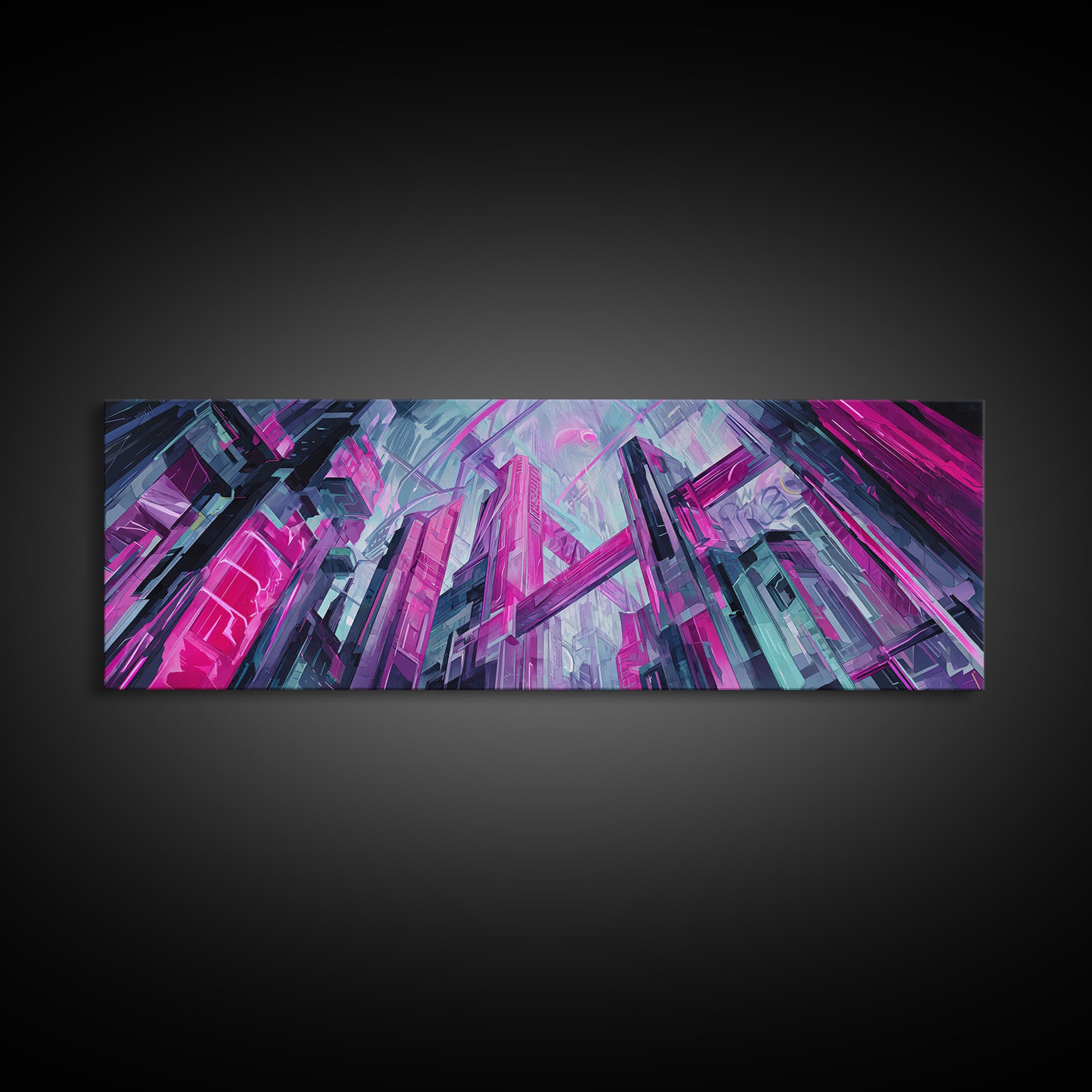 Neon Dragon Wrapped Around Skyscraper Shapes Canvas Print, Cyberpunk Art, Urban Wall Art, Living Room Decor, Abstract Art, Neon, CYB-3x1-6