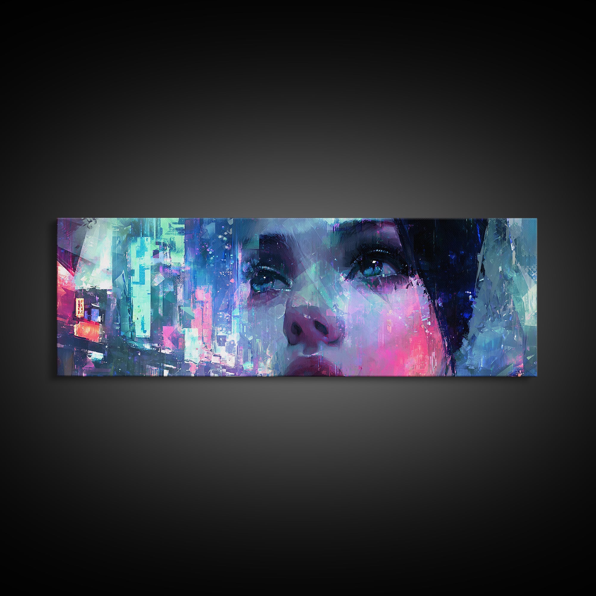 Ai Mask Portrait Framed Canvas Print, Cyberpunk Art, Luxury Decor, Living Room Decor, Fine Art, Neon, Printable Wall Art, CYB-3x1-64