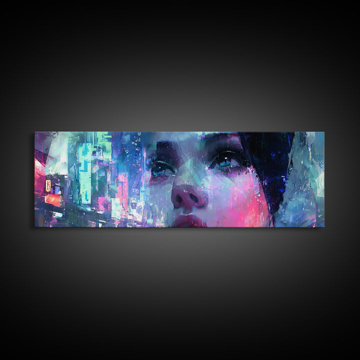 Ai Mask Portrait Framed Canvas Print, Cyberpunk Art, Luxury Decor, Living Room Decor, Fine Art, Neon, Printable Wall Art, CYB-3x1-64