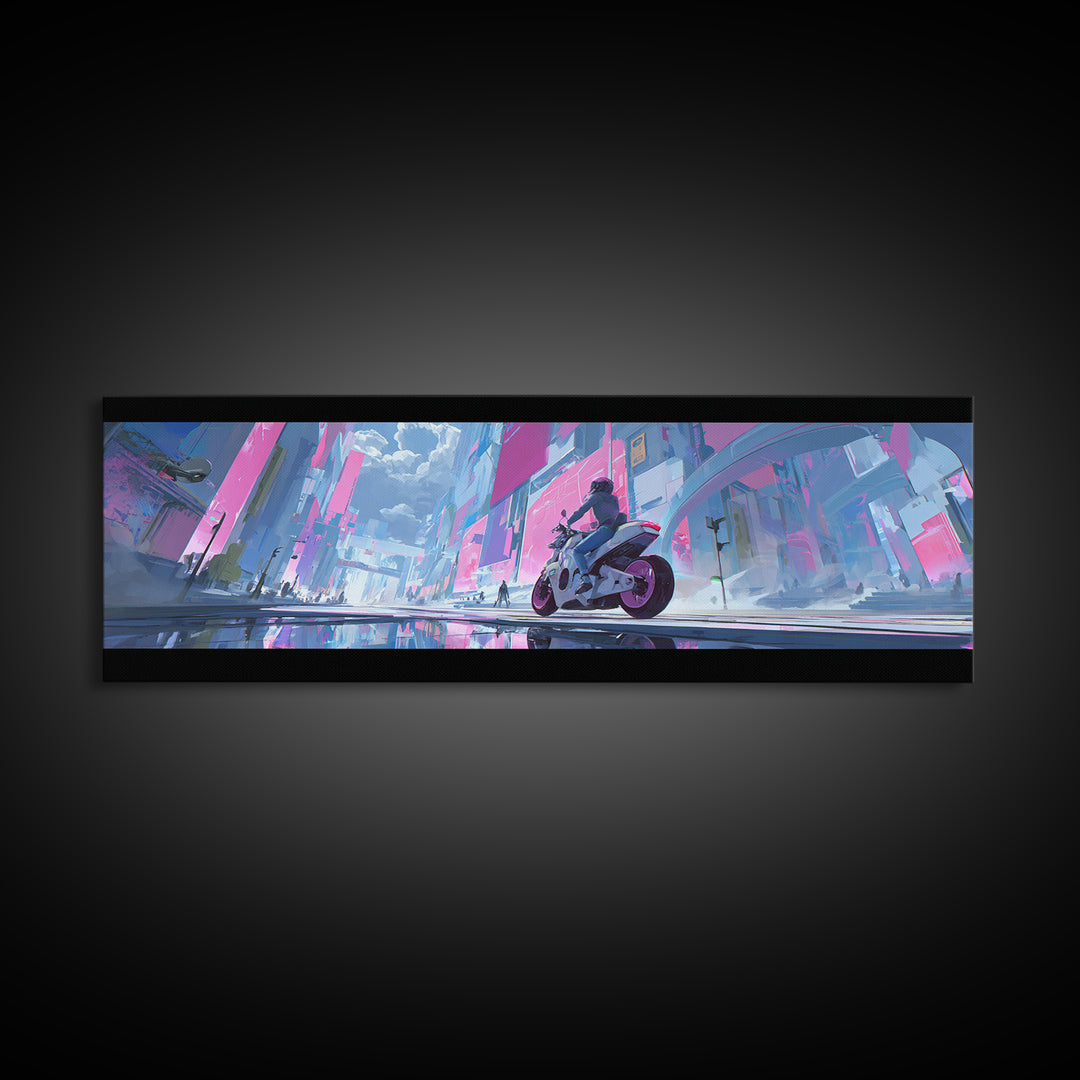 Motorcycle Rider under Holographic Signs Framed Canvas Print, Cyberpunk Art, Home Decor, Living Room Decor, Fine Art, Neon, CYB-3x1-68