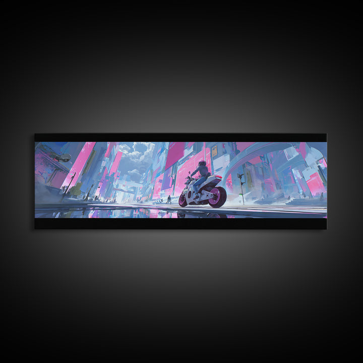 Motorcycle Rider under Holographic Signs Framed Canvas Print, Cyberpunk Art, Home Decor, Living Room Decor, Fine Art, Neon, CYB-3x1-68