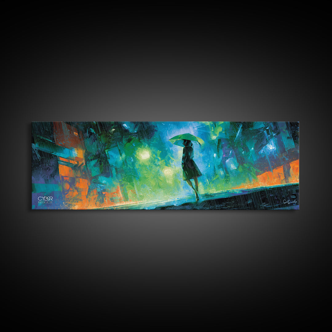 Glowing Umbrella Figure Framed Canvas Print, Cyberpunk Art, Statement Artwork, Living Room Decor, Fine Art, Neon, Art Print, CYB-3x1-7