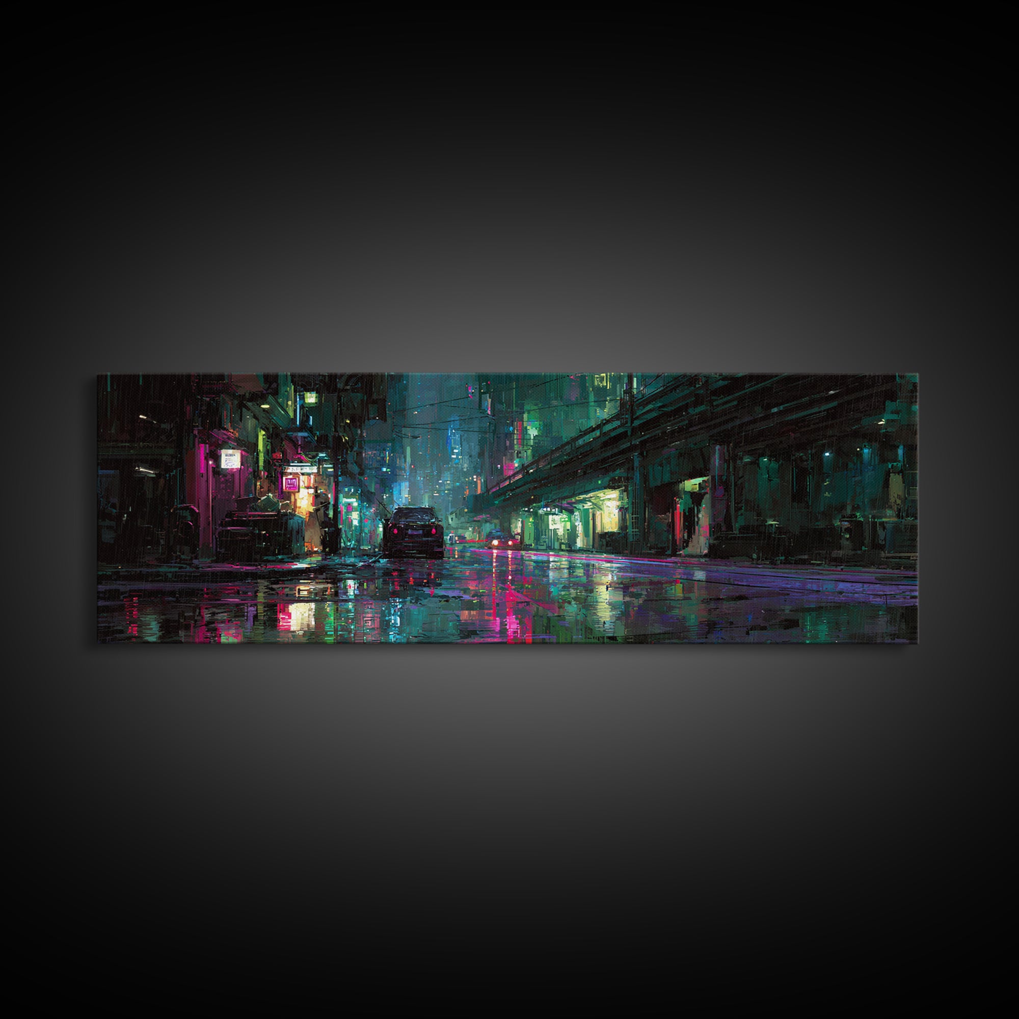 Rain Soaked Alley Framed Canvas Print, Cyberpunk Art, Poster, Living Room Decor, Fine Art, Neon, Modern Wall Art, Japanese Art, CYB-3x1-72