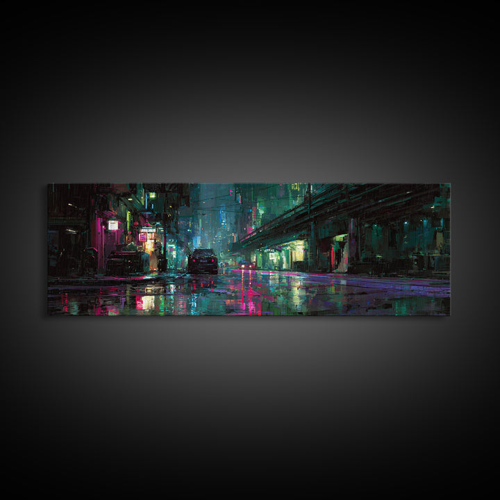 Rain Soaked Alley Framed Canvas Print, Cyberpunk Art, Poster, Living Room Decor, Fine Art, Neon, Modern Wall Art, Japanese Art, CYB-3x1-72