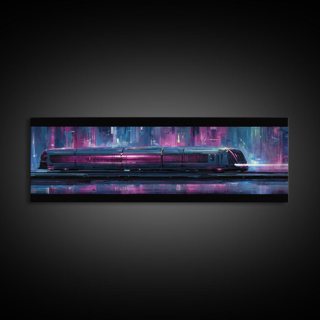City Train Rushing Through Pink Electric Haze Framed Canvas Print, Cyberpunk Art, Minimalist Poster, Living Room Decor, Neon, CYB-3x1-77