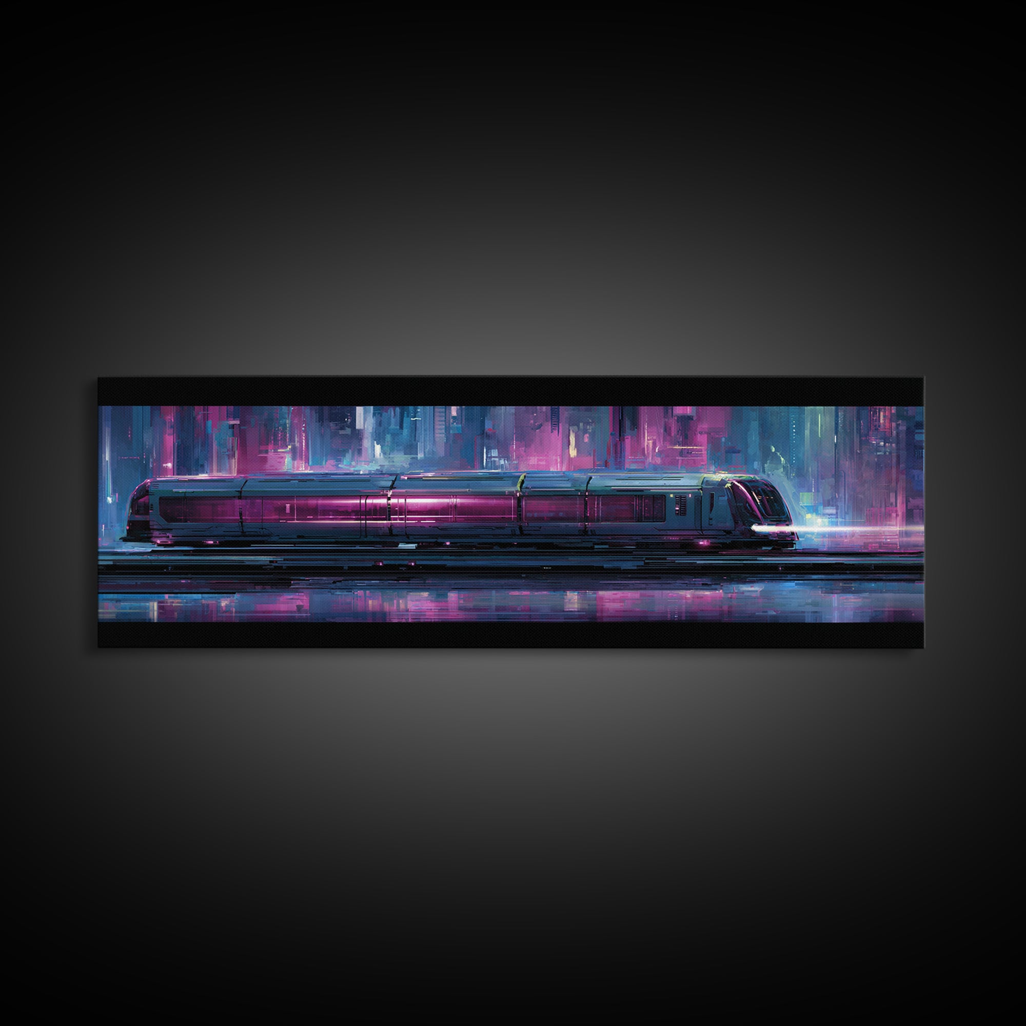 City Train Rushing Through Pink Electric Haze Framed Canvas Print, Cyberpunk Art, Minimalist Poster, Living Room Decor, Neon, CYB-3x1-77