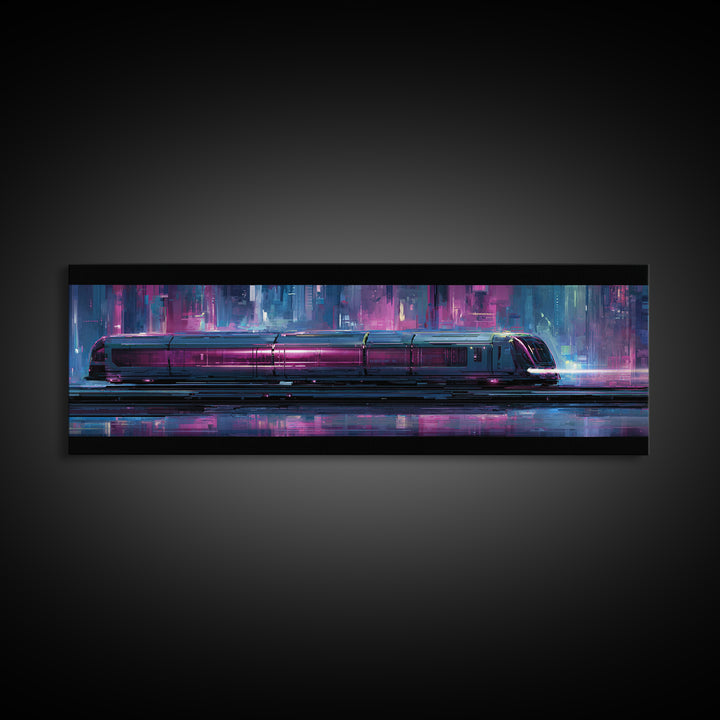 City Train Rushing Through Pink Electric Haze Framed Canvas Print, Cyberpunk Art, Minimalist Poster, Living Room Decor, Neon, CYB-3x1-77
