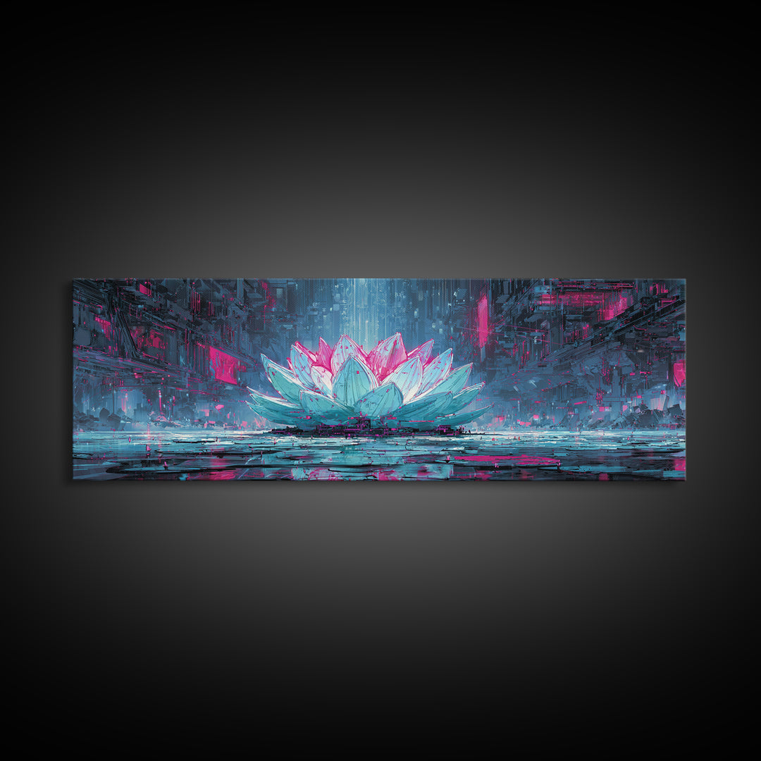 Electric Lotus Flower Framed Canvas Print, Cyberpunk Art, Cyberpunk Tarot, Living Room Decor, Watercolor Art, Neon, CYB-3x1-81