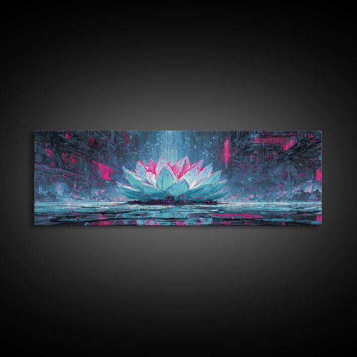 Electric Lotus Flower Framed Canvas Print, Cyberpunk Art, Cyberpunk Tarot, Living Room Decor, Watercolor Art, Neon, CYB-3x1-81