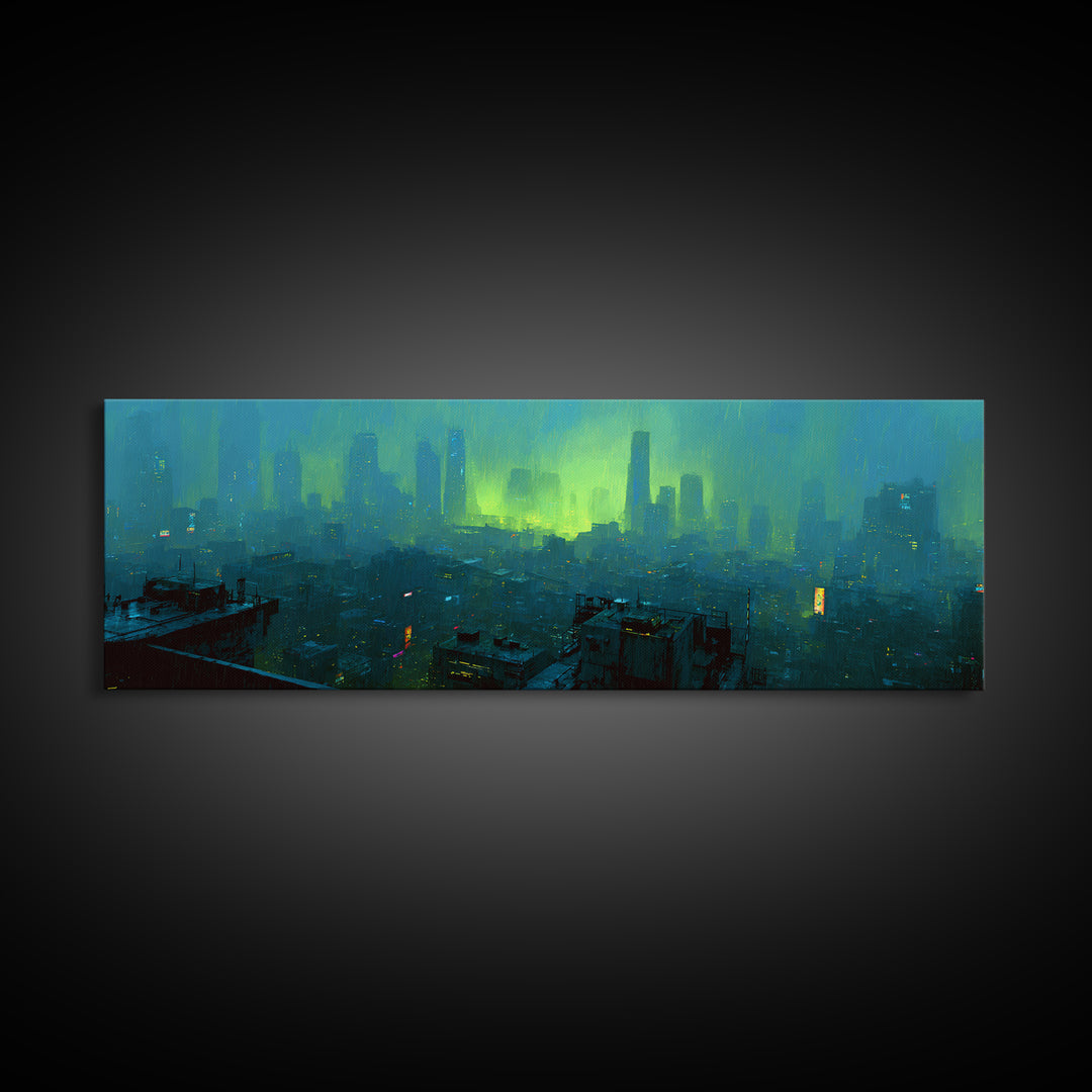 Dystopian Moon over Dense Rooftops Framed Canvas Print, Cyberpunk Art, Blue Wall Art, Living Room Decor, Fine Art, Neon, CYB-3x1-82