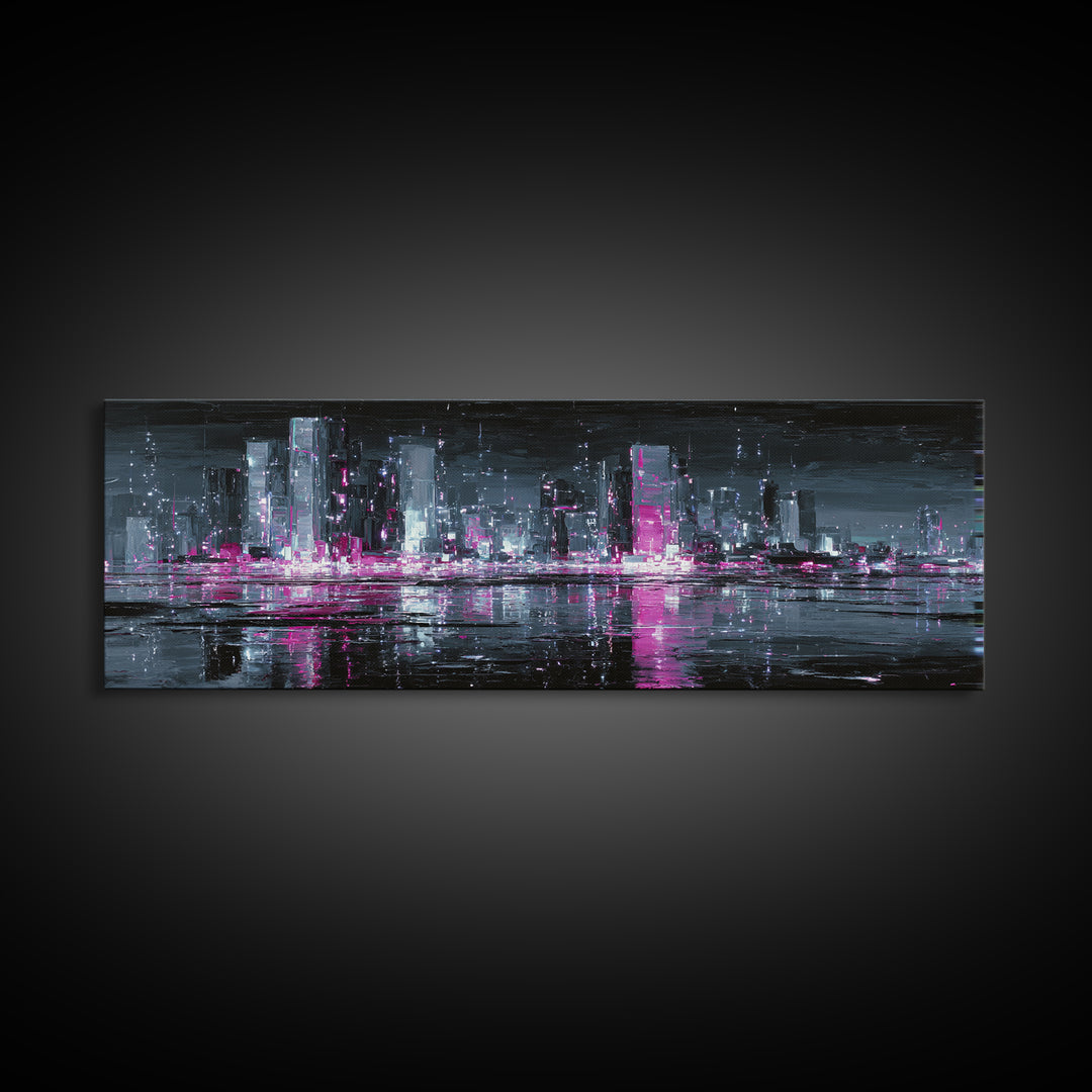 Neon Skyline Reflected Canvas Print, Cyberpunk Art, Japanese Art, Living Room Decor, Abstract Art, Neon, Cyberpunk Tarot, CYB-3x1-86