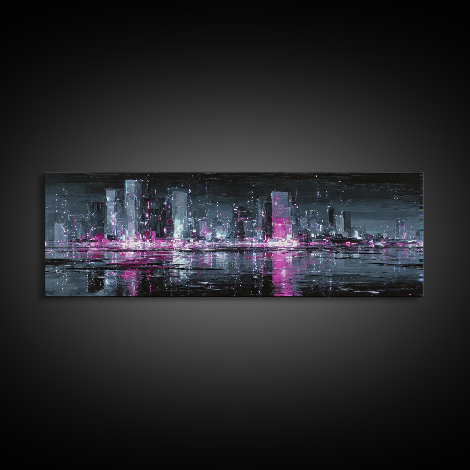 Neon Skyline Reflected Canvas Print, Cyberpunk Art, Japanese Art, Living Room Decor, Abstract Art, Neon, Cyberpunk Tarot, CYB-3x1-86