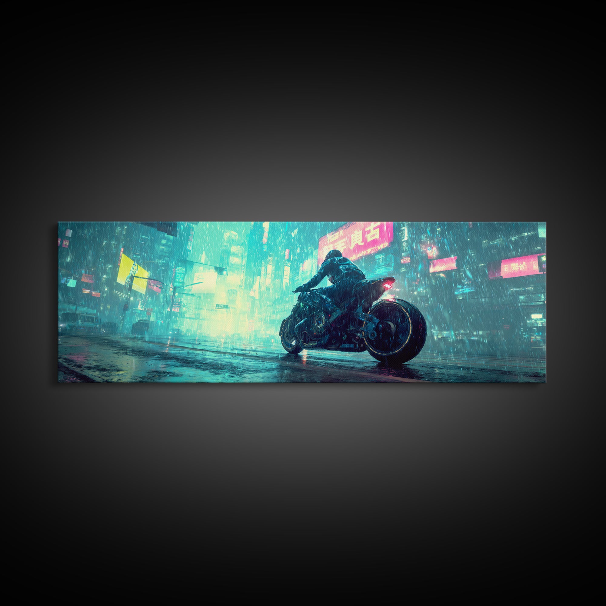 Motorcycle Rider under Holographic Signs Canvas Print, Cyberpunk Art, Printable Wall Art, Living Room Decor, Fine Art, Neon, CYB-3x1-92