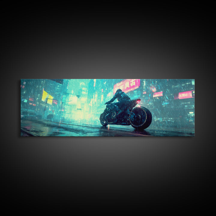Motorcycle Rider under Holographic Signs Canvas Print, Cyberpunk Art, Printable Wall Art, Living Room Decor, Fine Art, Neon, CYB-3x1-92