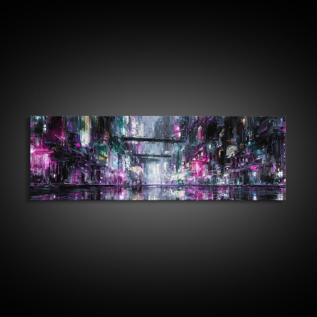 Rain Soaked Alley Canvas Print, Cyberpunk Art, Textured Painting, Living Room Decor, Abstract Art, Neon, Digital Wall Art, CYB-3x1-96